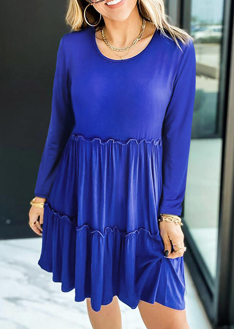 Ruffled Long Sleeve O-Neck Mini Dress - Blue