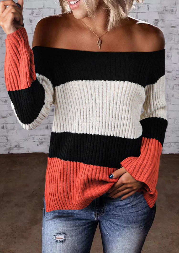 

Color Block Off Shoulder Knitted Sweater, Multicolor, 520998