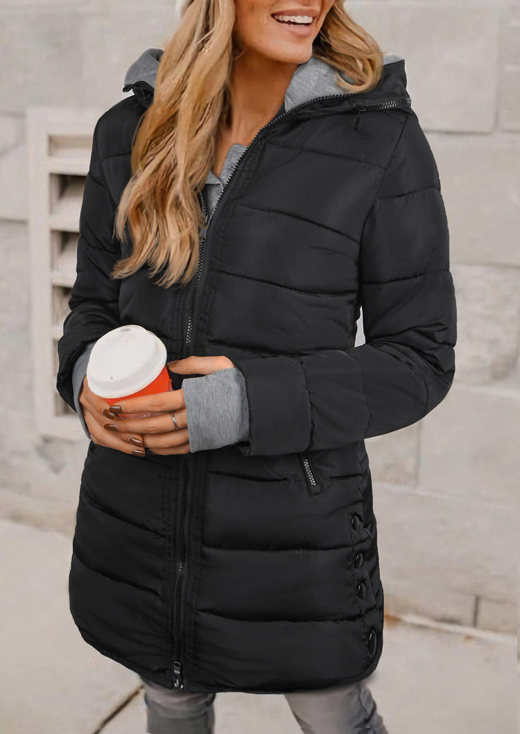 

Pocket Zipper Thumbhole Parka Coat - Black, 522322