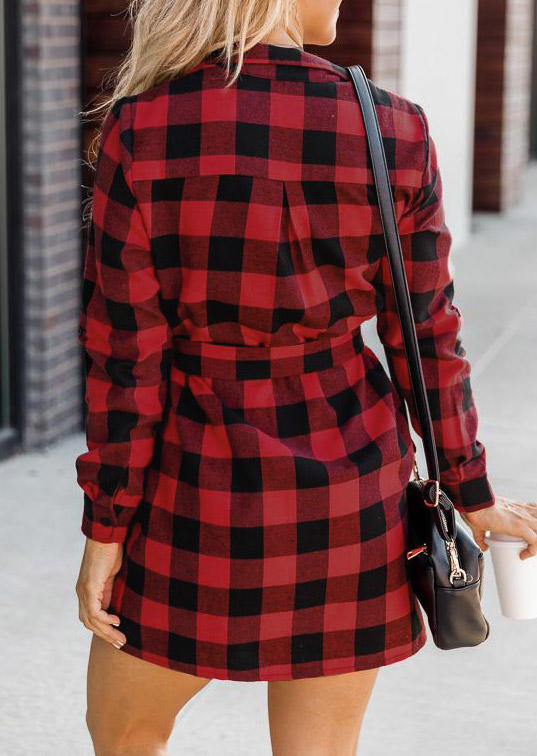 Plaid Button Turn-Down Collar Shirt Mini Dress