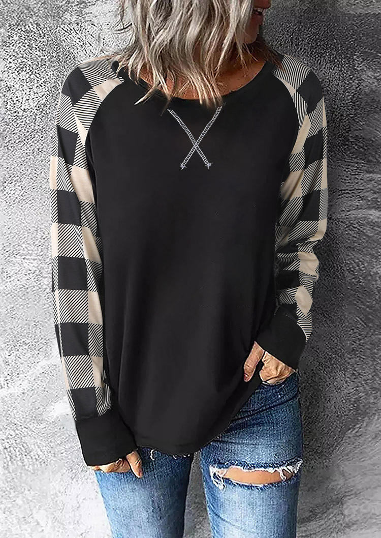 

Plaid Long Sleeve O-Neck Blouse - Black, 522411