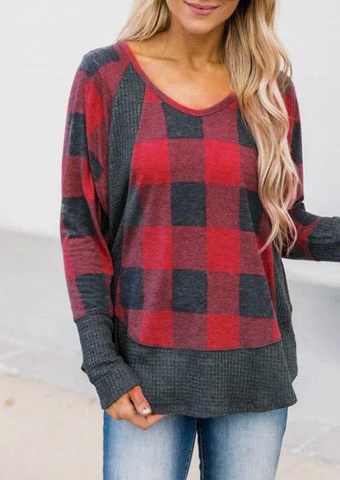 

Plaid Long Sleeve Pullover Blouse - Red, 522461