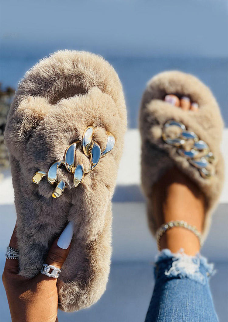 

Winter Comfortable Metal Chain Fuzzy Warm Slippers - Khaki, 522475