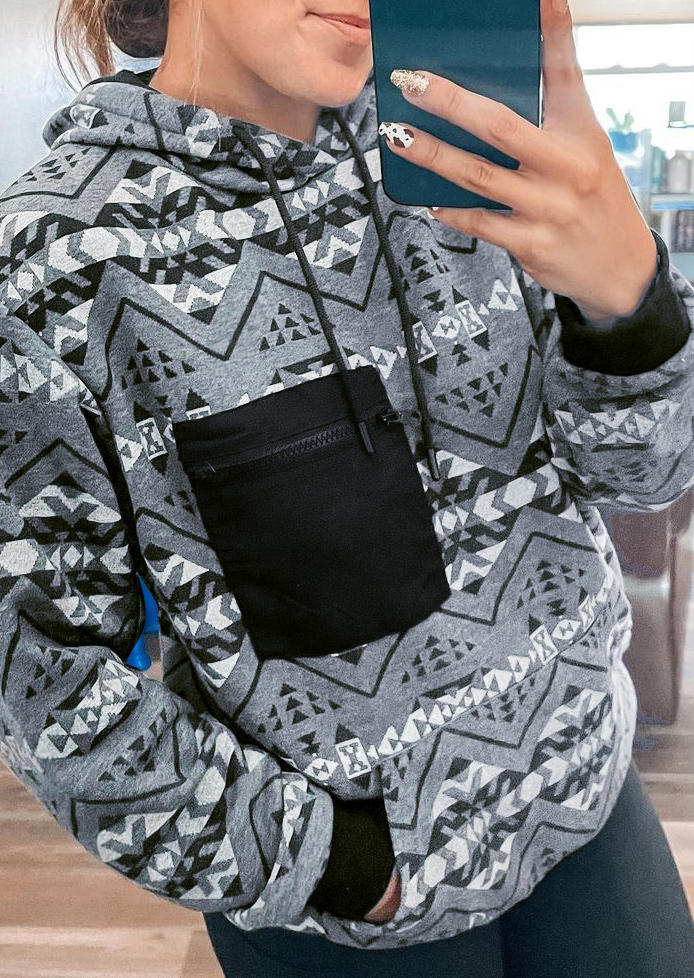 

Aztec Geometric Pocket Zipper Hoodie - Gray, 522563