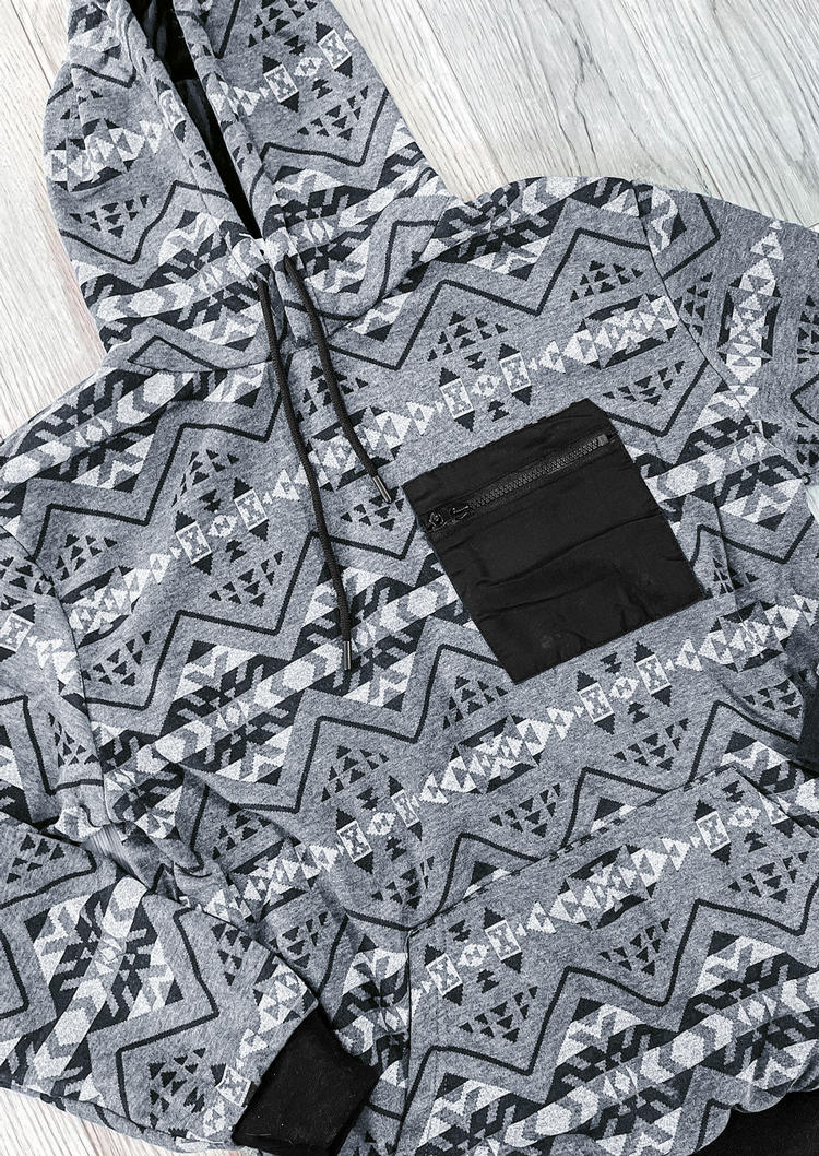 Buy Aztec Geometric Pocket Zipper Hoodie - Gray. Picture