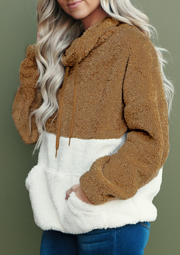 

Color Block Pocket Fuzzy Cowl Neck Sweatshirt - Khaki, 522744