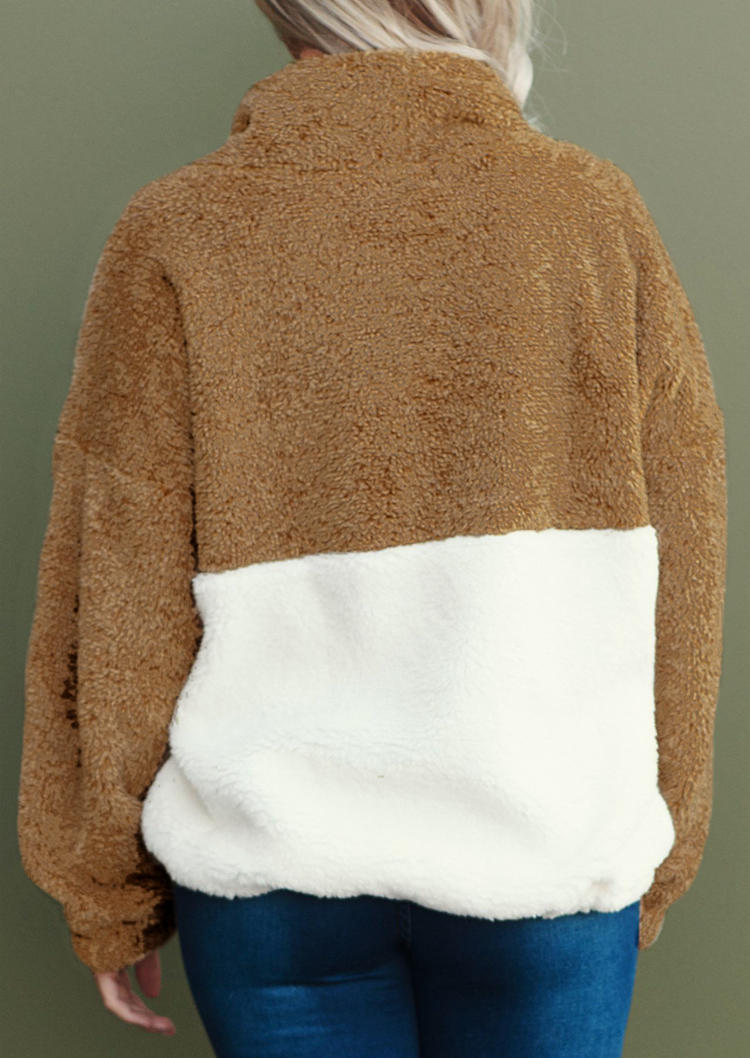 Color Block Pocket Fuzzy Cowl Neck Sweatshirt - Khaki