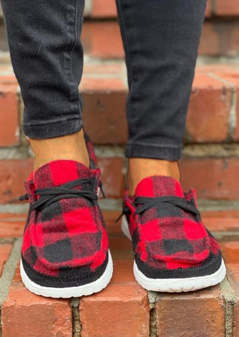 Buffalo Plaid Flat Sneakers - Red