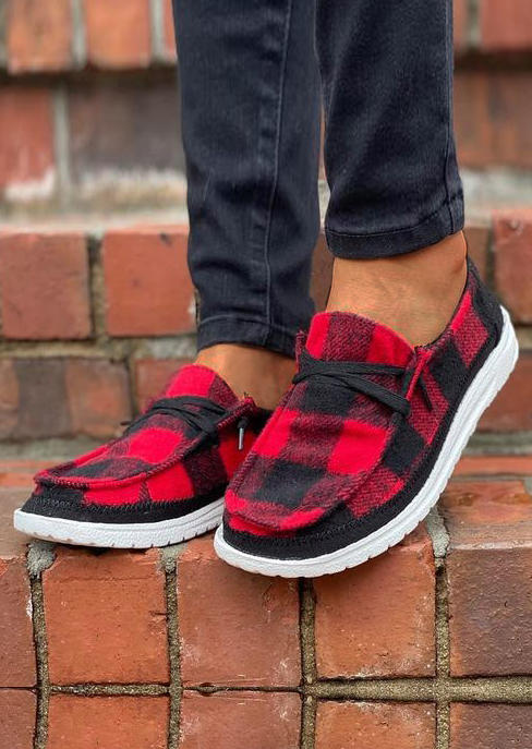 

Buffalo Plaid Flat Sneakers - Red, 522878