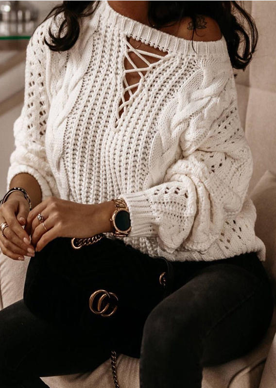 

Criss-Cross Knitted Long Sleeve Sweater - White, 522947