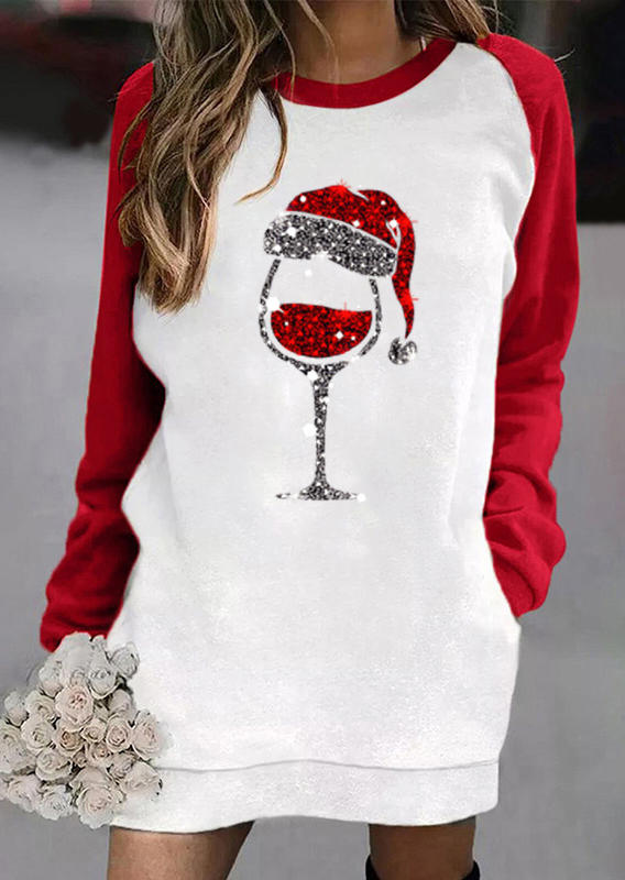 Hat Wine Glass Raglan Sleeve Mini Dress - Red