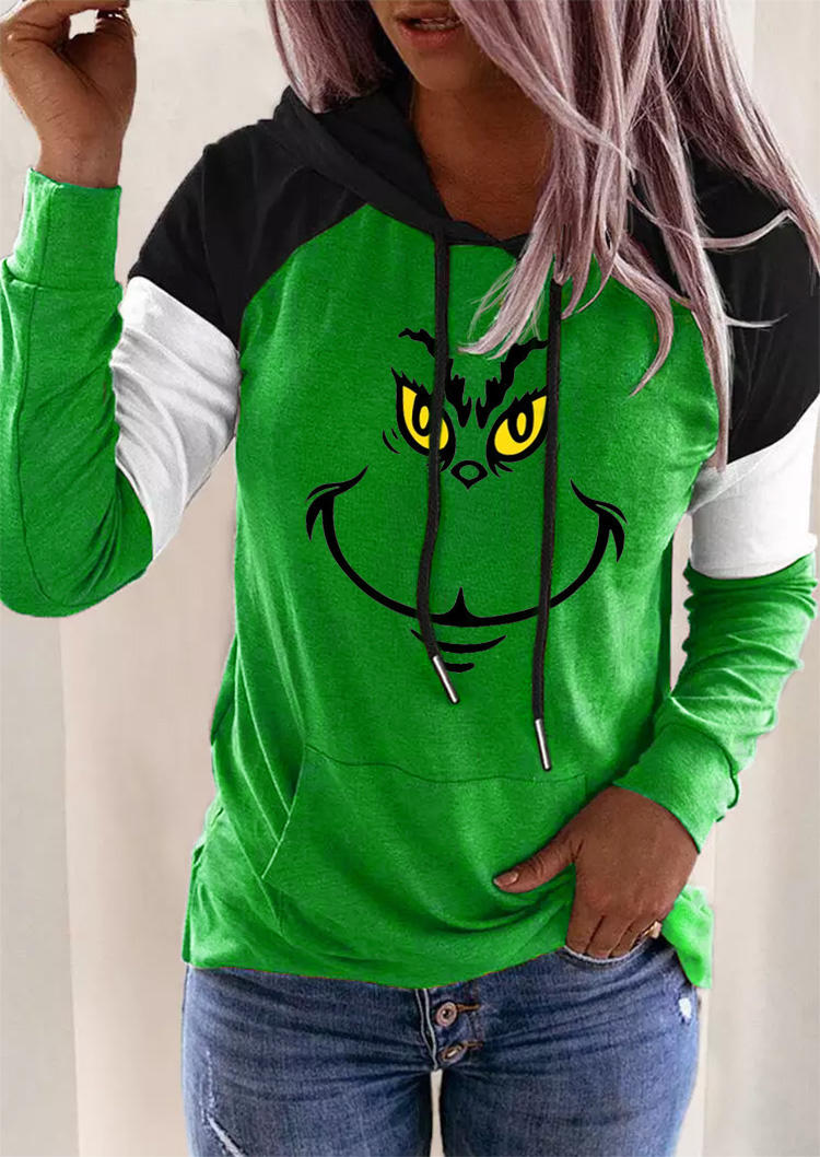 Cartoon Color Block Long Sleeve Hoodie - Green