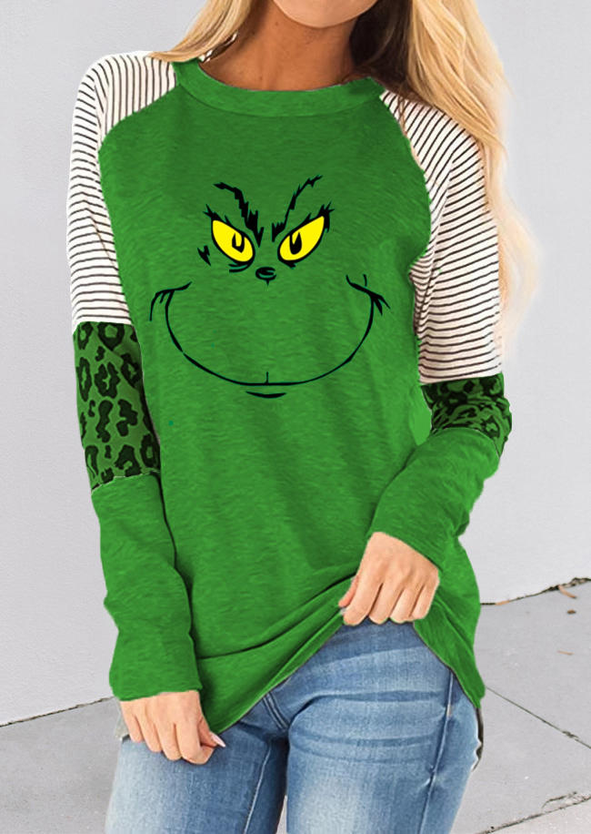 

Cartoon Striped Leopard Long Sleeve Blouse - Green, 522962