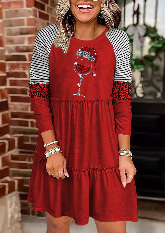 

Wine Glass Leopard Striped Ruffled Mini Dress - Red, 522966