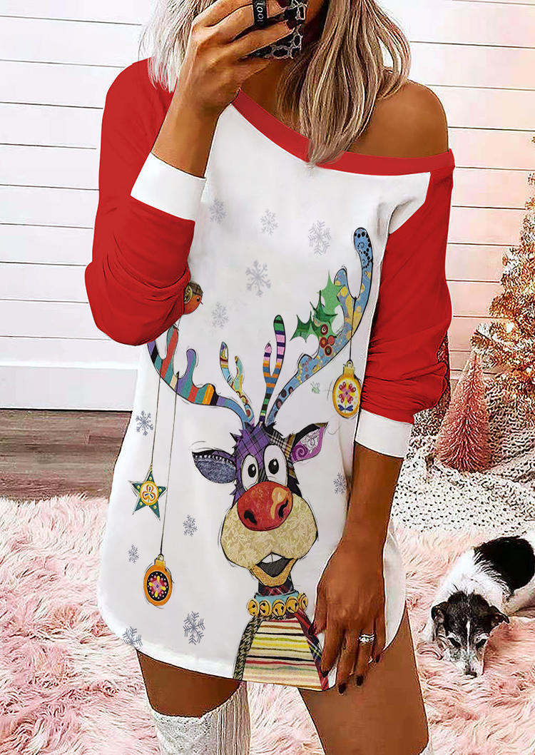 Reindeer Long Sleeve Mini Dress - Red