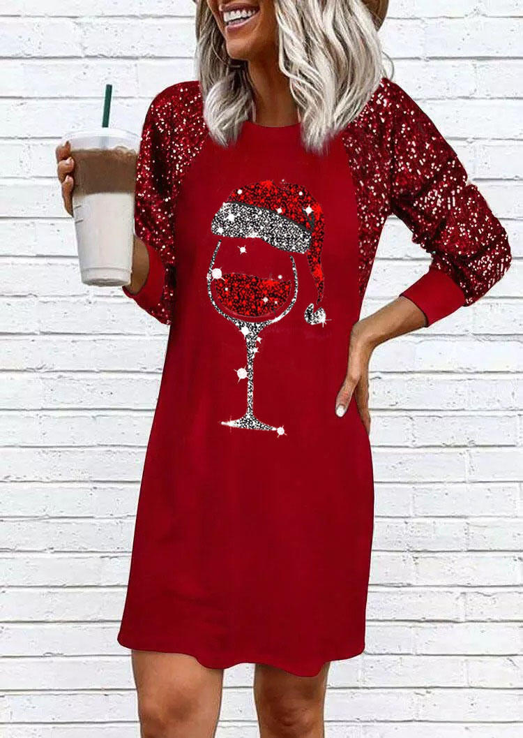 

Christmas Hat Sequined Wine Mini Dress - Red, 522979