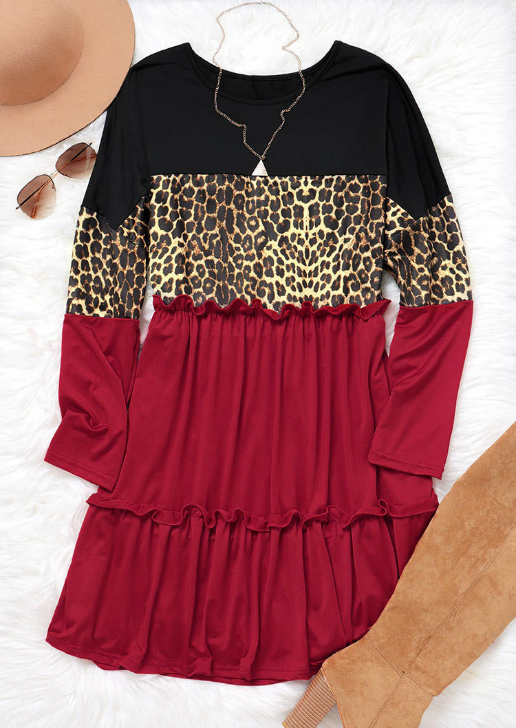 Leopard Color Block Ruffled Splicing Mini Dress - Red