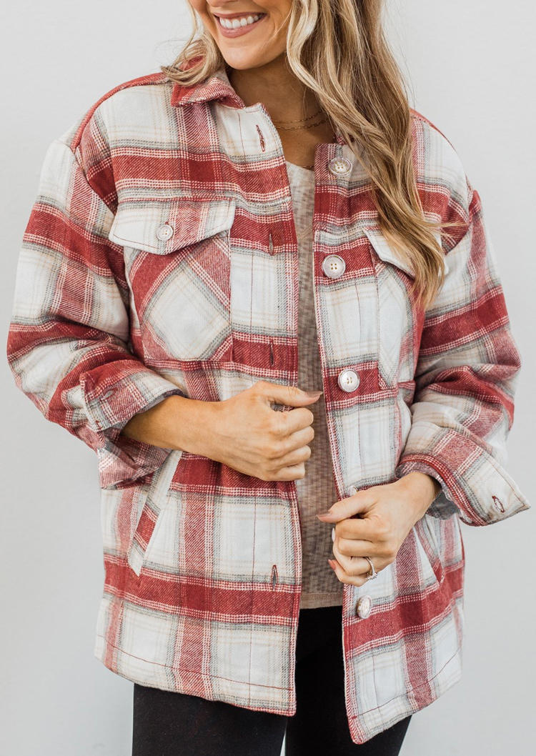

Plaid Pocket Button Long Sleeve Coat - Red, 522039