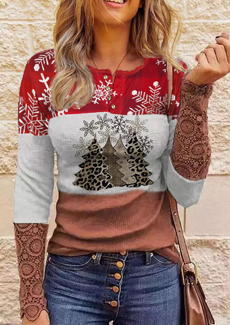 

Lace Splicing Button Leopard Tree Snowflake Blouse, Multicolor, 522067