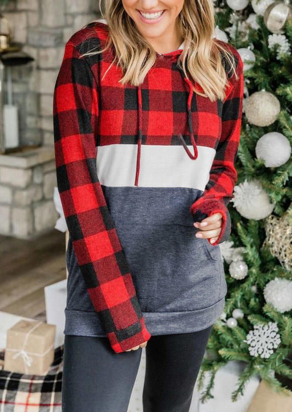 

Plaid Kangaroo Pocket Long Sleeve Hoodie, Multicolor, 522068