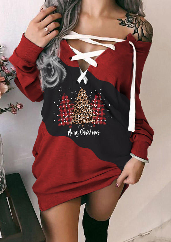 

Merry Christmas Tree Lace Up Sweatshirt Mini Dress - Red, 522149