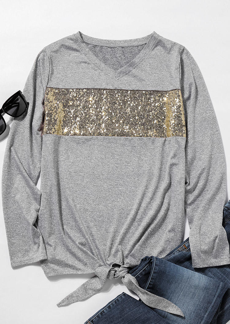 Sequined Tie Long Sleeve V-Neck Blouse - Gray