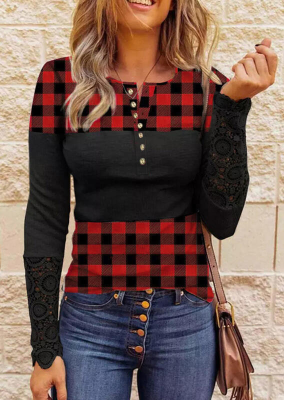Lace Splicing Hollow Out Buffalo Plaid Blouse - Black
