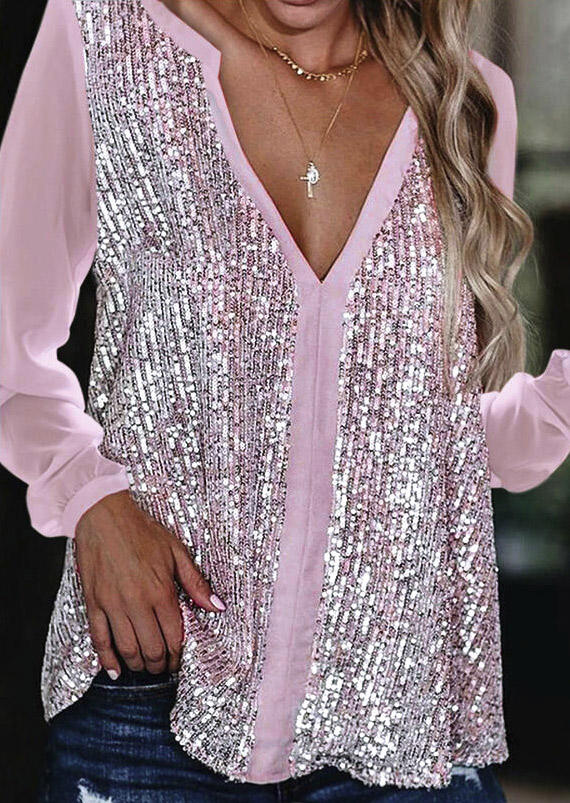

Sequined Splicing V-Neck Long Sleeve Blouse - Light Pink, 522451