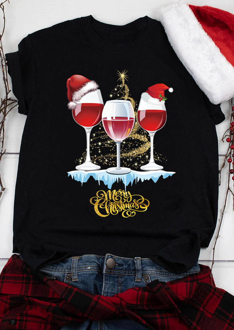 

Merry Christmas Hat Wine Glass T-Shirt Tee - Black, 522454