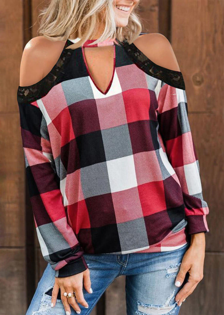

Lace Plaid Cold Shoulder Keyhole Neck Blouse, 522517