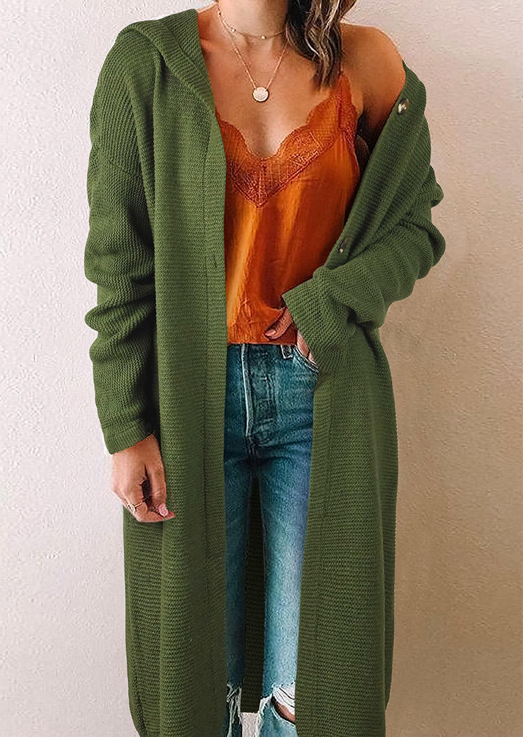 

Button Knitted Hooded Sweater Long Cardigan - Green, 522542