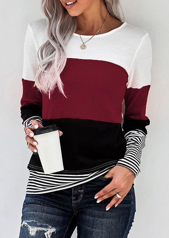 

Color Block Striped Long Sleeve Blouse - Red, 522570