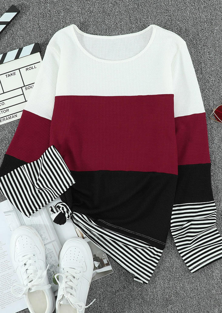 Color Block Striped Long Sleeve Blouse - Red