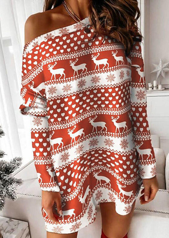 

Christmas Reindeer Snowflake Long Sleeve Mini Dress - Orange, 522643