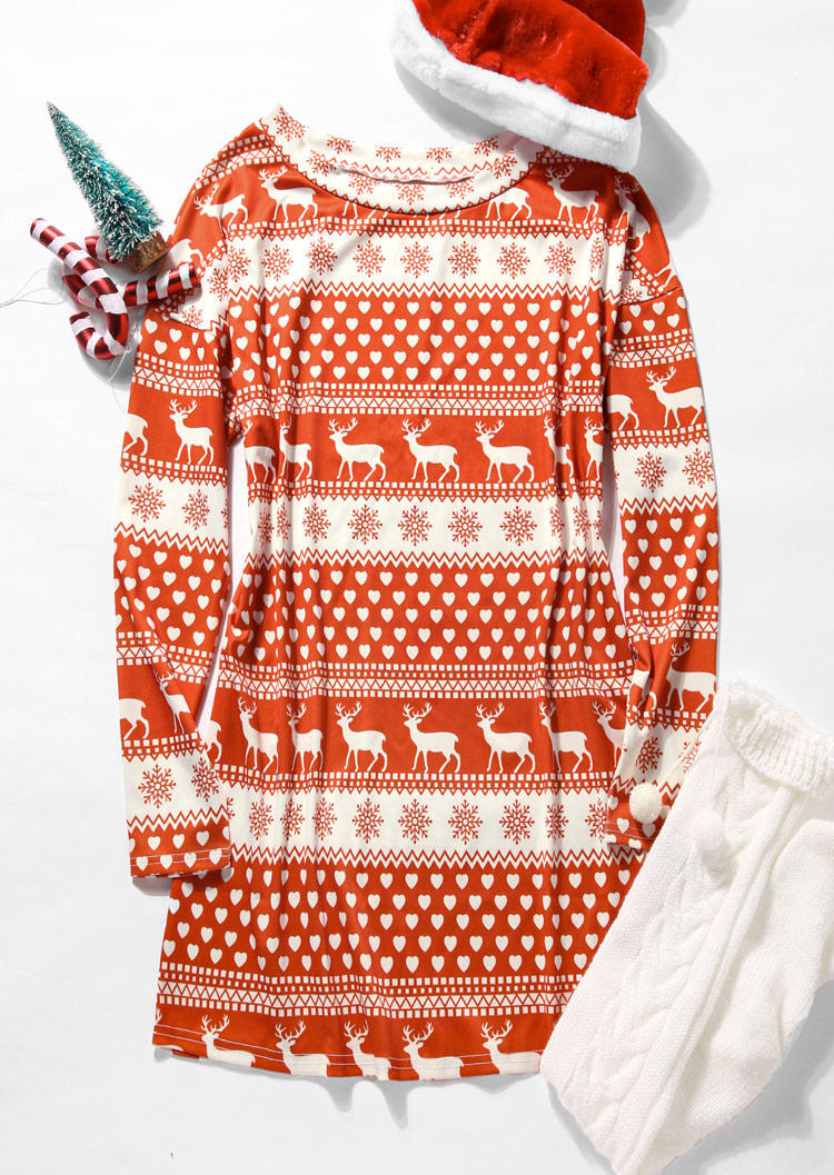 Christmas Reindeer Snowflake Long Sleeve Mini Dress - Orange