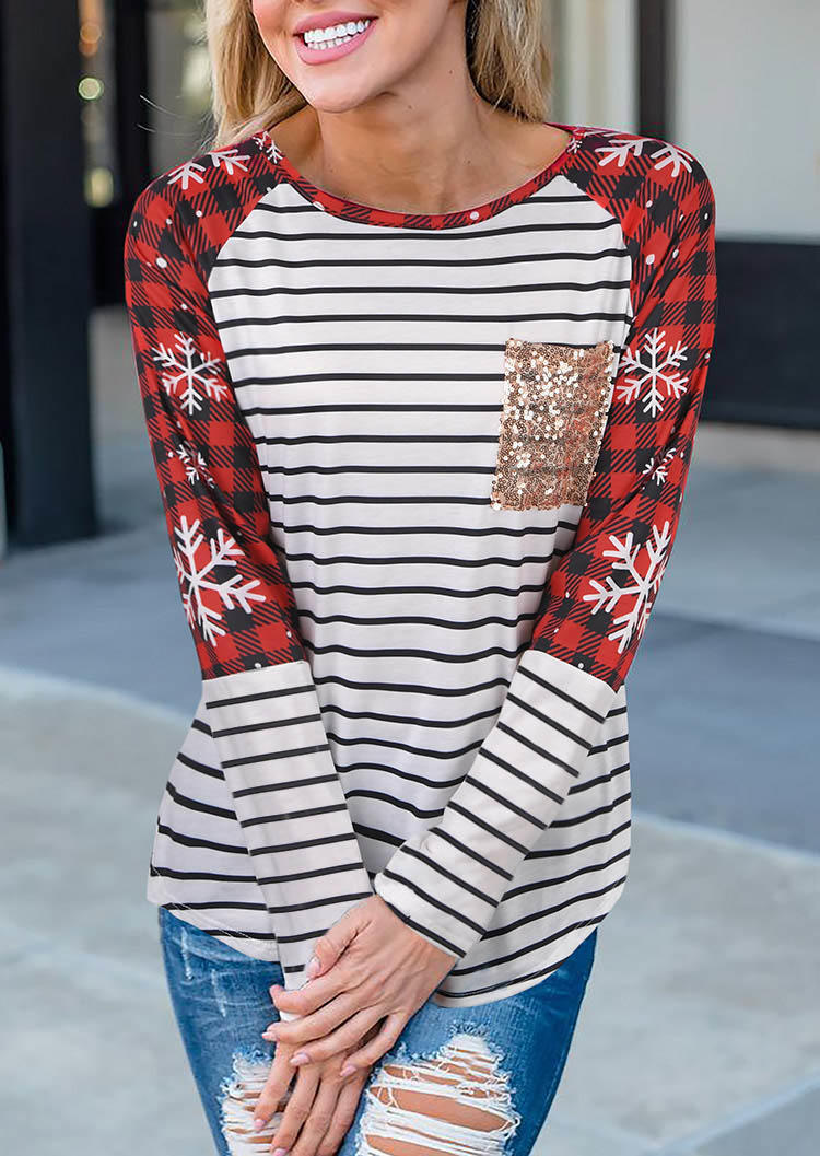 

Striped Plaid Sequined Pocket Blouse - White, 522771