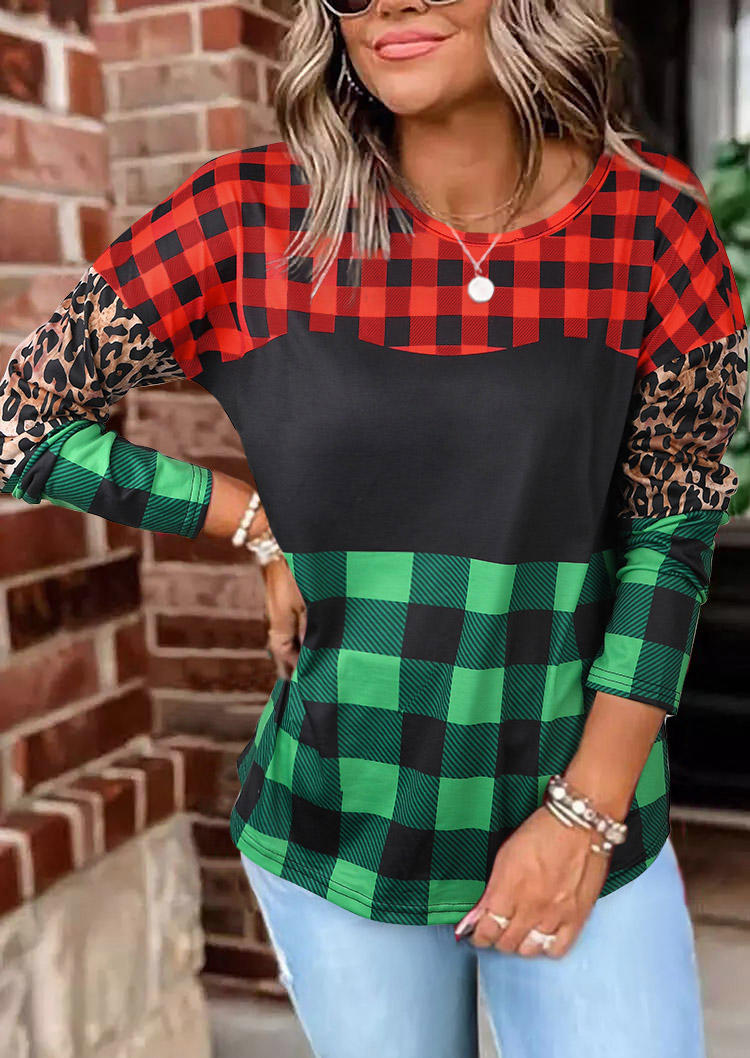 

Buffalo Plaid Leopard Long Sleeve Blouse, Multicolor, 522823