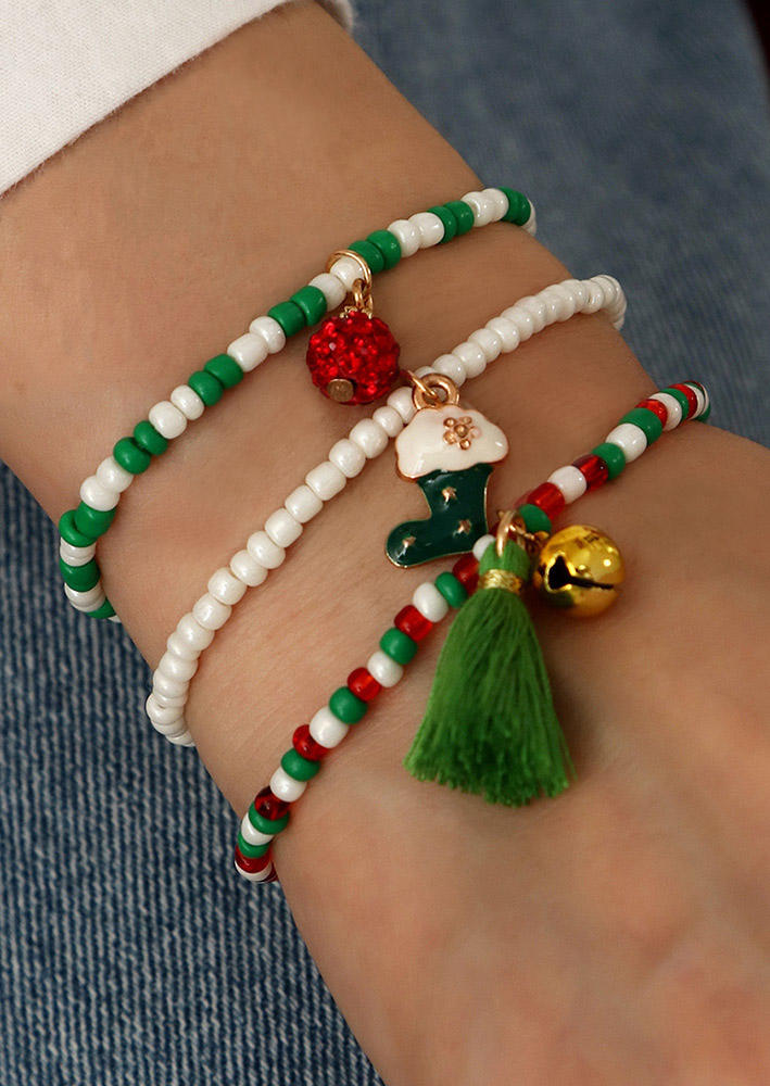 

3Pcs Christmas Jingle Bell Boots Tassel Beading Bracelet Set, Multicolor, 522836