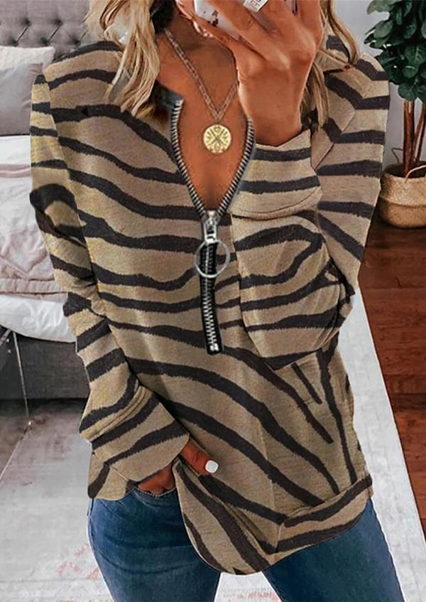 

Striped Zipper Collar Long Sleeve Sweatshirt - Khaki, 522860