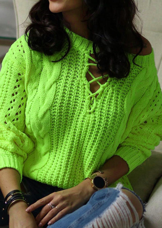 

Criss-Cross Knitted Long Sleeve Sweater - Green, 522946