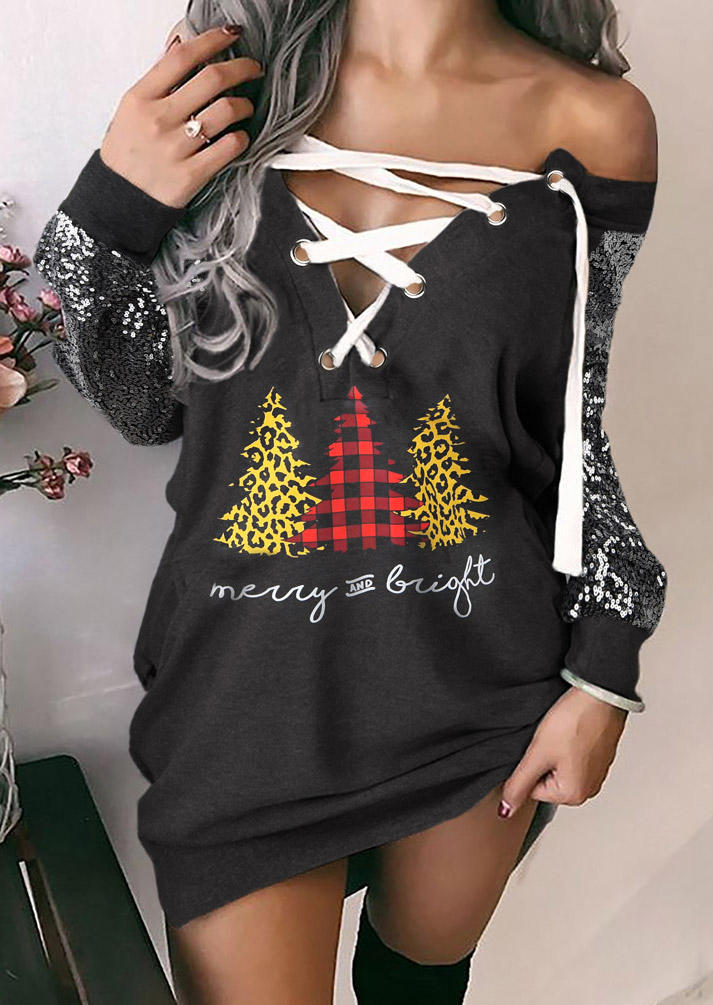 

Christmas Merry And Bright Lace Up Mini Dress - Gray, 522963