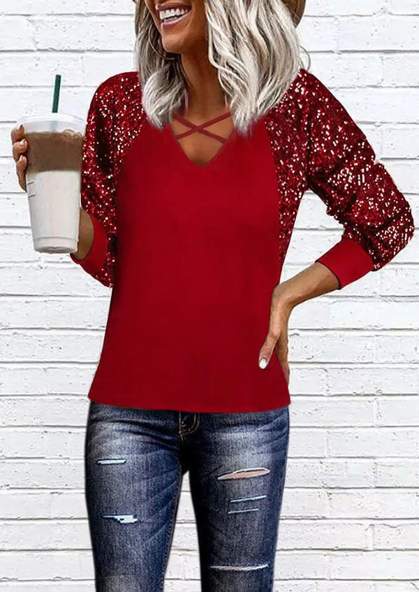 Sequined Splicing Criss-Cross Long Sleeve Blouse - Red