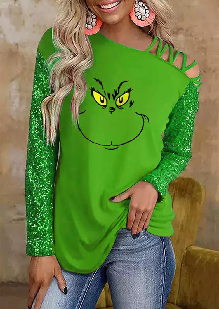 Cartoon One Sided Cold Shoulder Sequined Blouse - Green