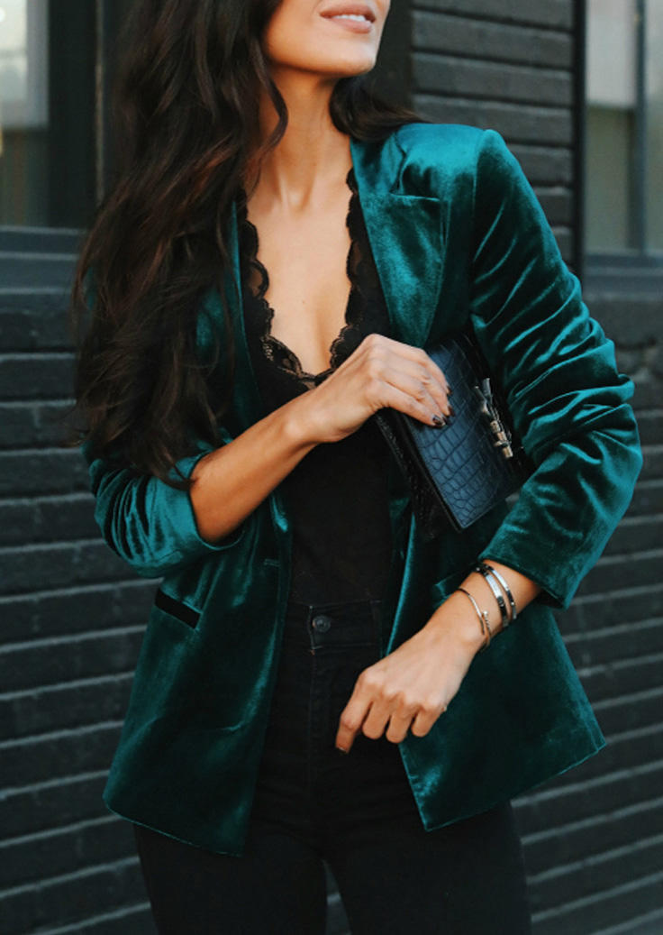 

Turn-down Collar Long Sleeve Blazer - Dark Green, 523081