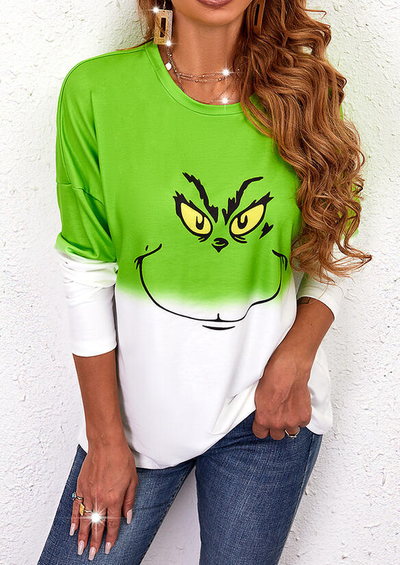 

Christmas Cartoon Face Gradient Blouse - Green, 523090