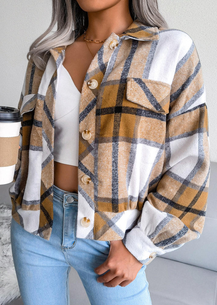 Plaid Decorative Fake Pocket Long Sleeve Coat, 523109