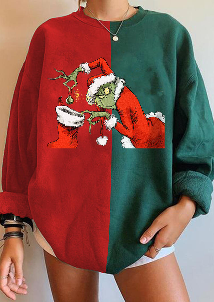 Christmas Cartoon Color Block Long Sleeve Sweatshirt - Red