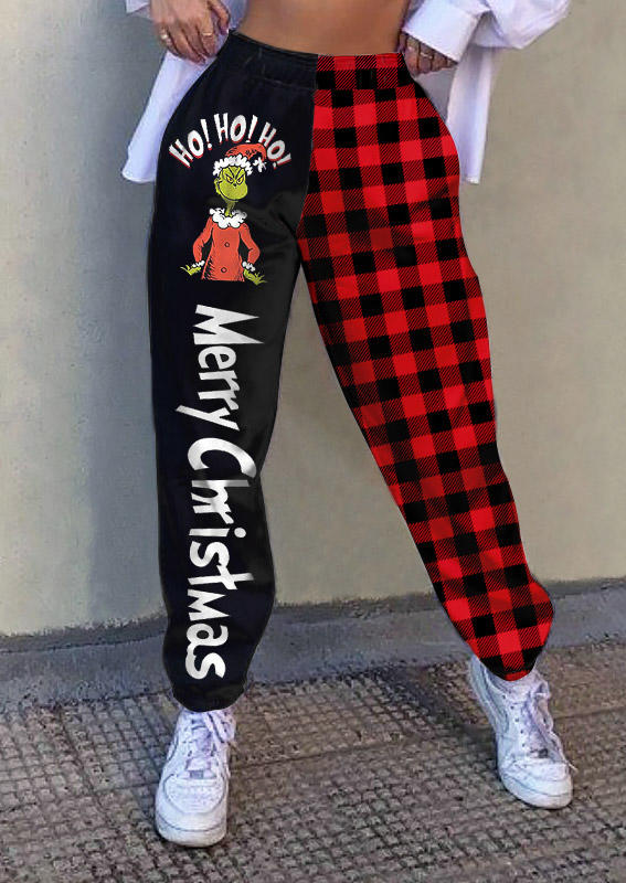 Merry Christmas Cartoon Plaid Color Block Sweatpants - Black