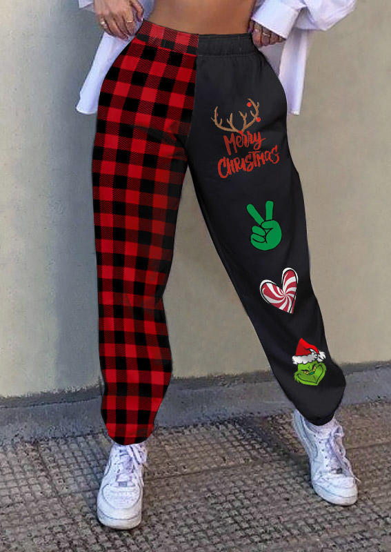 Merry Christm Reindeer  Buffalo Plaid Color Block Sweatpants - Black
