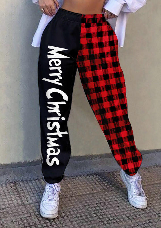 Merry Christmas Buffalo Plaid Color Block Sweatpants - Black